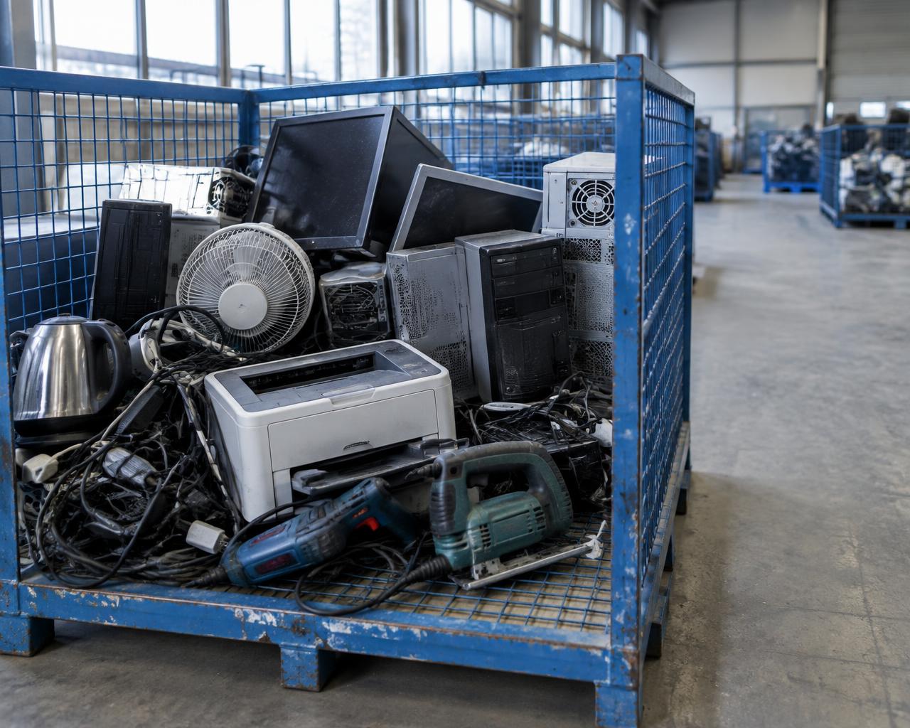 Mixed business electrical waste including computers, monitors, cables and appliances in a blue collection cage