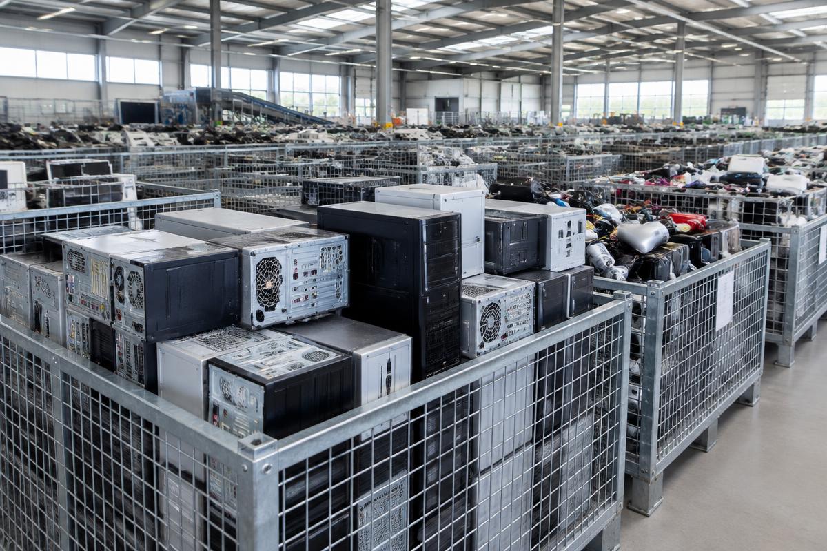 Rows of electrical waste collection cages in a sorting facility