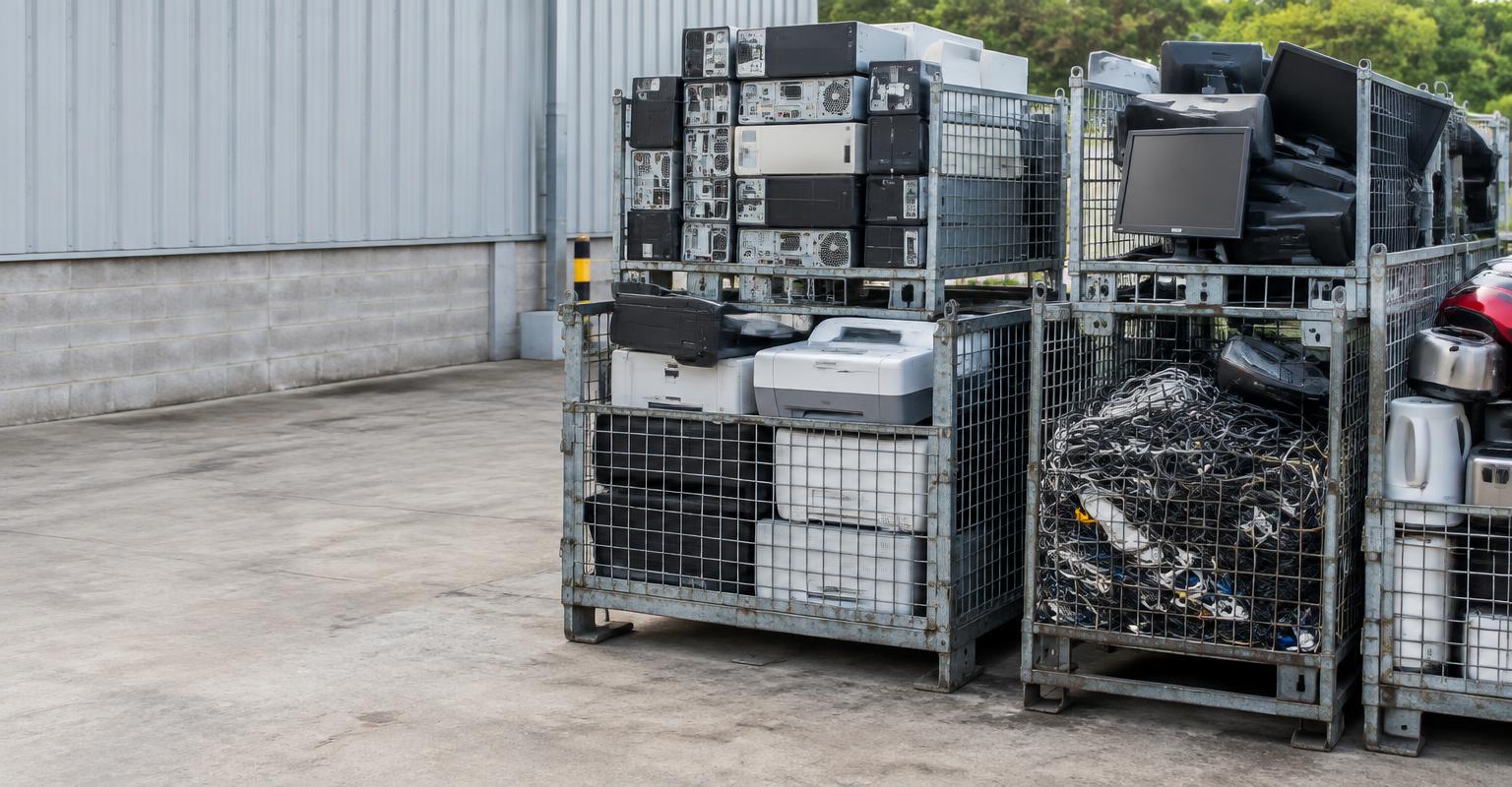 Retired computers, printers and cables in electrical waste collection cages