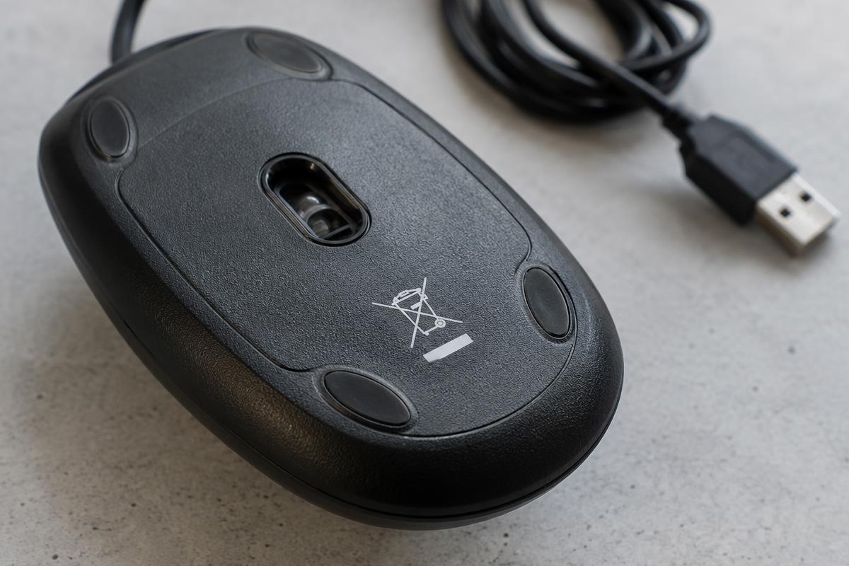 Crossed-out wheeled-bin WEEE symbol on an office computer mouse